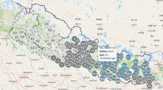 पछिल्लो २४ घण्टामा काभ्रेको रोसीमा सबैभन्दा धेरै वर्षा