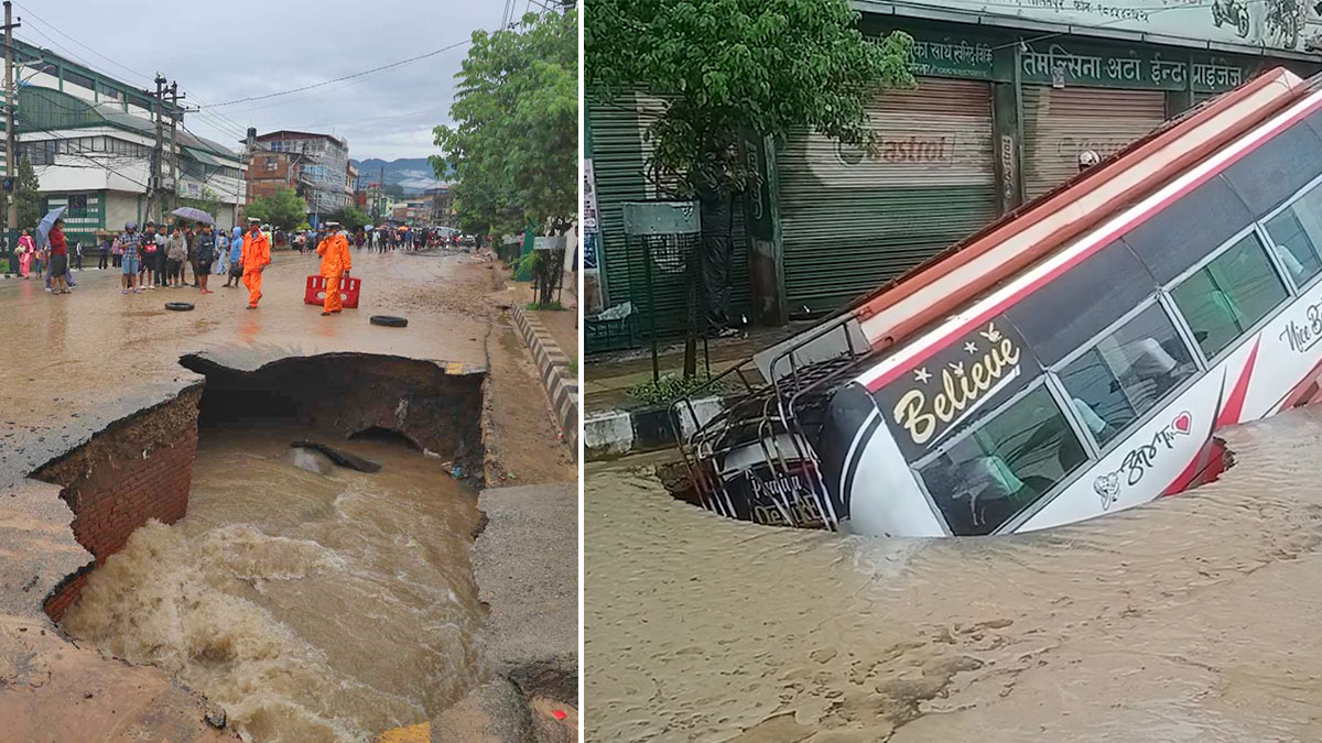 हात्तीवनमा सडकमा भ्वाङ पर्दा बस खस्यो