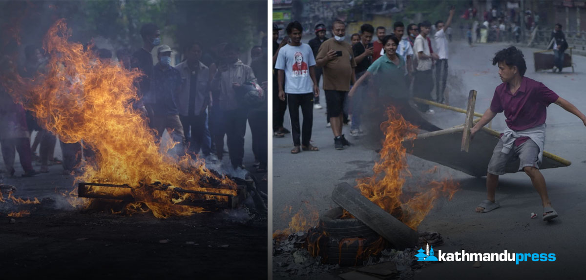 कंलकीमा टायर बालेर युवाहरूको प्रदर्शन [फोटो फिचर]