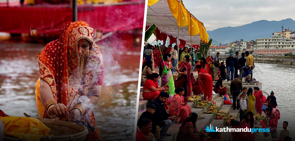छठको मूख्य दिन, अस्ताउँदो सूर्यलाई अर्घ्य दिइयो [फोटो फिचर]