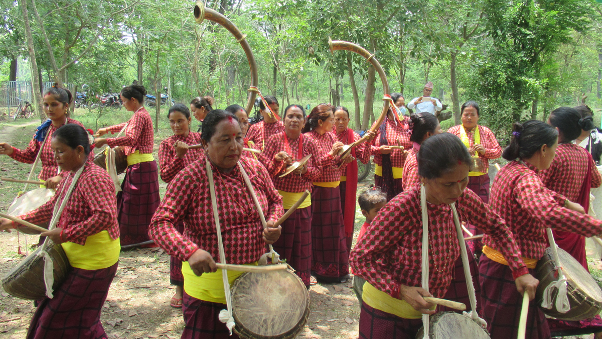 परम्परा जोगाउन पञ्चेबाजा बजाउँदै महिला